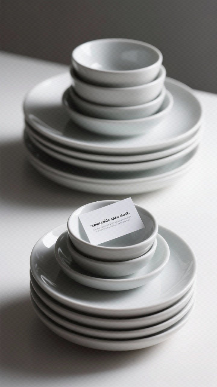 Straight-on medium product-style layout of a smart, modular set: nesting design with bowls tucked into plates without gaps, shared footprint where stacks align to the same diameter, subtle note cards showing “replaceable open stock,” and close detail of protective glazing on rims for chip resistance and scratch-hiding finish. Two sets of 4 arranged—one at eye level, one higher—cohesive tight color palette in soft gray/white with matte-gloss mix, clean studio-like lighting.
