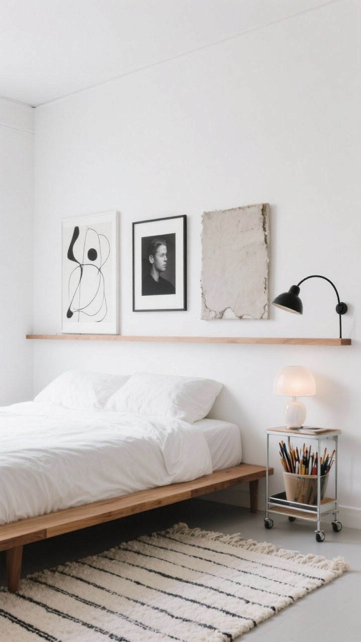 Straight-on medium shot, “Minimalist Art Studio” bedroom: white walls, maple platform bed, a gallery-style ledge above the headboard holding three oversized but sparse artworks—one abstract print, one black-and-white portrait, one raw-edged canvas; sculptural lighting with a matte black arc sconce and a small opalescent table lamp; a flat-weave rug in ivory and ink stripes grounding the scene; a slim rolling cart with neatly stored art supplies tucked into a corner; clean, creative, photorealistic.