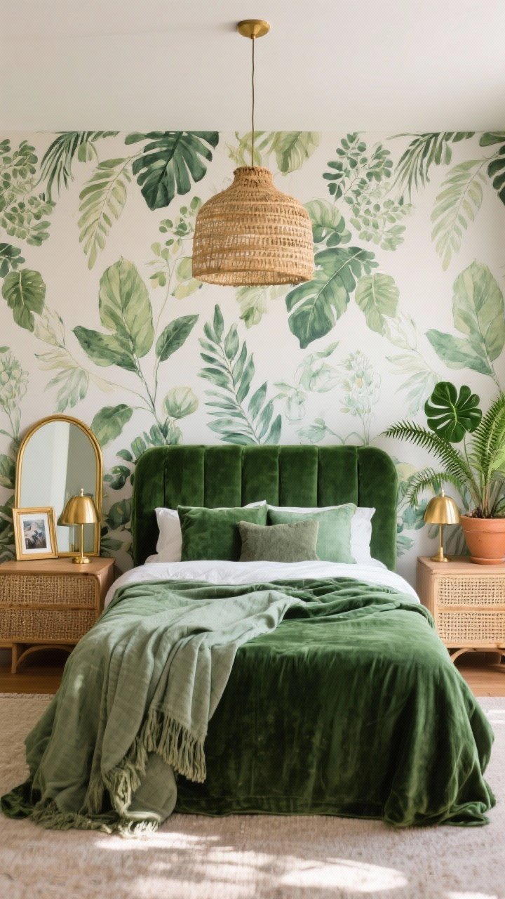 Straight-on medium shot: Botanical boho feature wall with painterly leaf wallpaper behind a green velvet bed. Cane-front nightstands on either side, each with small brass-accented lamps. A woven pendant overhead softens the scene. Textiles in moss, sage, and forest green layered on the bed. An arched brass mirror leaning on one nightstand, framed brass photo, and potted ferns with a rubber plant in a terra-cotta pot. Soft natural morning light, photorealistic.