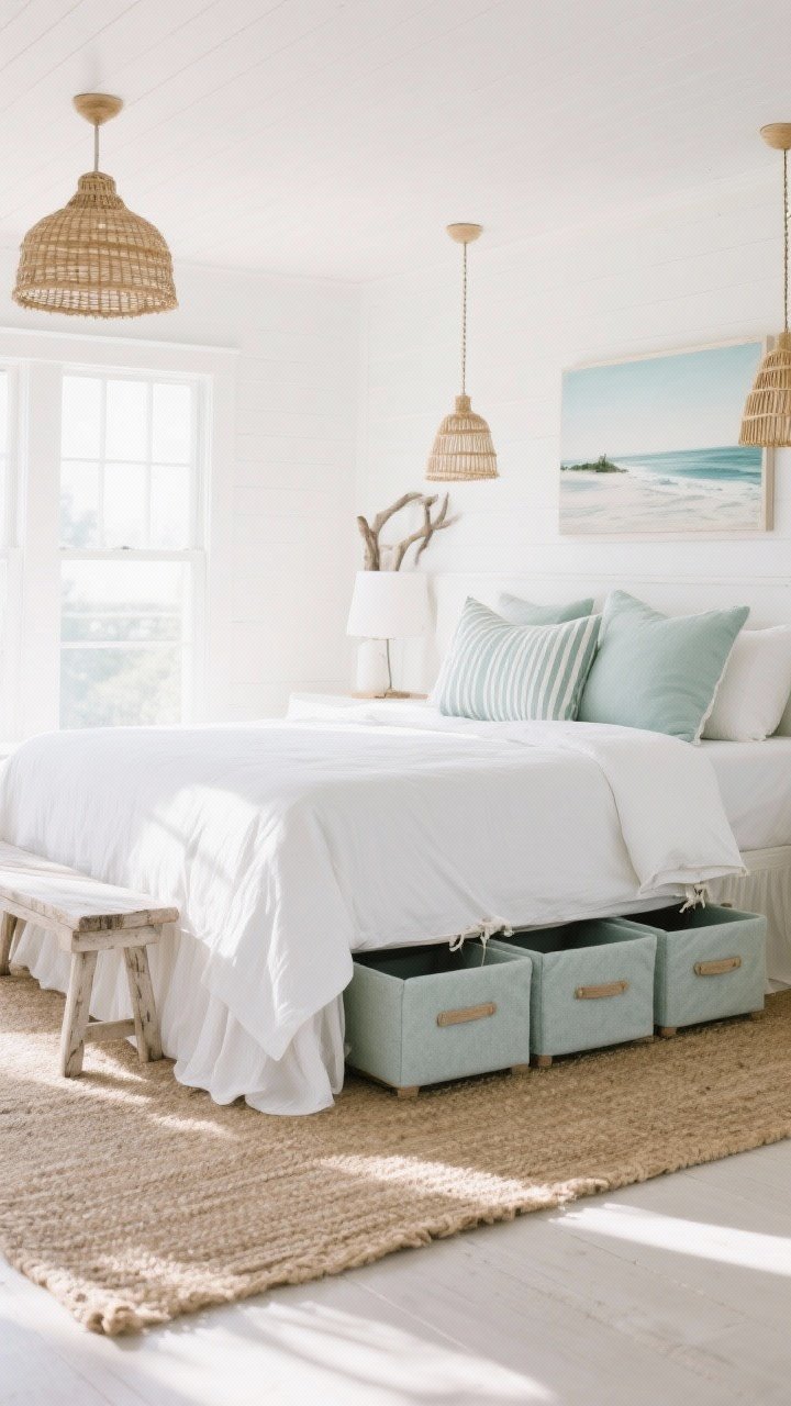 Straight-on medium shot, coastal cottage: white slipcovered bed with a tailored bed skirt featuring hidden linen pull tabs; one skirt panel lifted slightly to reveal low fabric-wrapped storage boxes on felt sliders; palette of seafoam, driftwood, and crisp white; rattan pendants overhead, pale jute rug, striped pillows, a weathered bench at the foot, minimal coastal landscape artwork; bright, sunlit atmosphere with soft shadows; photorealistic