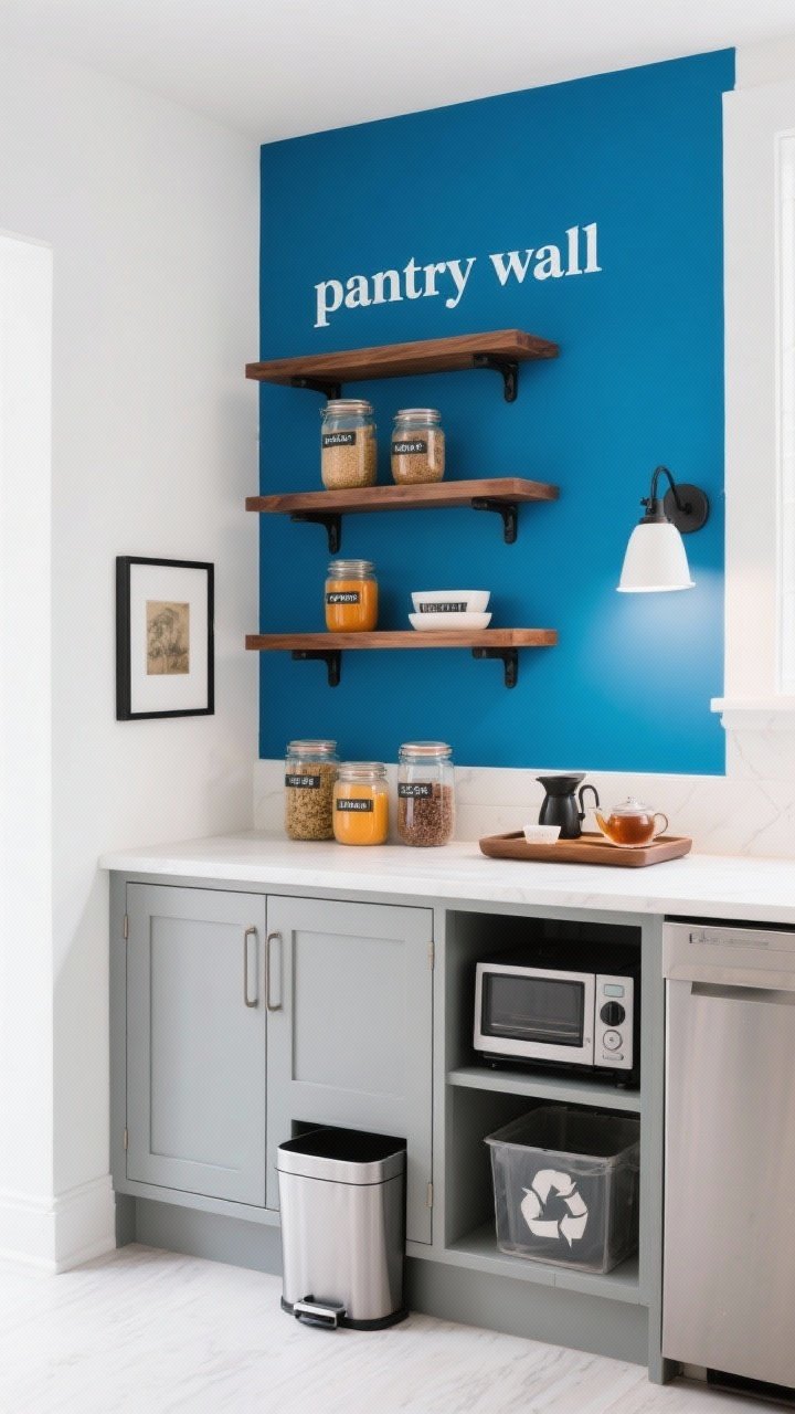 Straight-on medium shot of a color-blocked pantry wall installation: a crisp indigo floor-to-ceiling painted rectangle backdrop with three stacked walnut floating shelves on matte black brackets; a low shallow cabinet with doors beneath, reading like a built-in; shelves styled with labeled amber glass jars of dry goods and a dedicated tea/coffee bar on a tray; small appliances hidden inside the cabinet (one door slightly open); clip-on picture light illuminating the “pantry wall”; narrow rolling bin tucked below for recycling; clean, graphic contrast with white surrounding walls