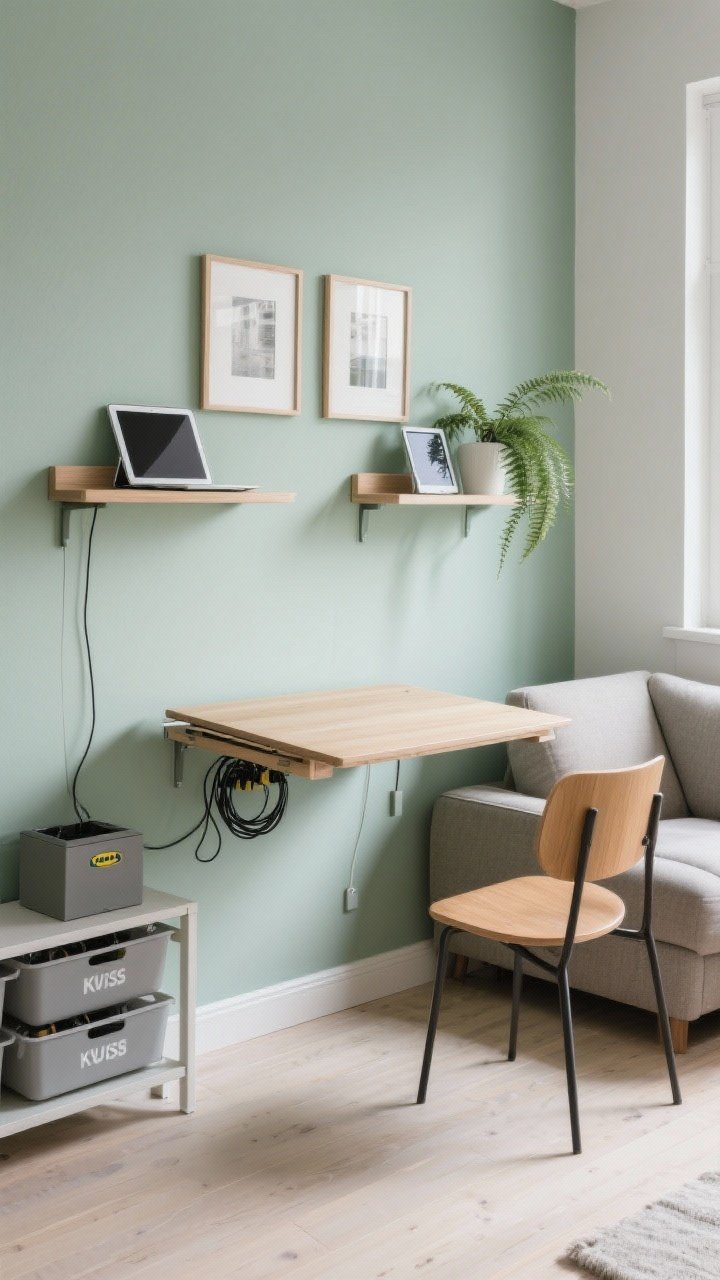 Straight-on medium shot of convertible workspace: NORBERG wall-mounted drop-leaf table folded down nearly flat against a soft sage painted wall, HATTEFJÄLL chair tucked to the side ready to slide under the sofa arm, twin MOSSJÖN picture ledges floating as monitor/device shelves with a slim laptop and tablet, cords hidden into a KVISSLE cable box, neatly stacked labeled KUGGIS bins on a narrow LACK shelf; a small fern adds freshness; clean daytime light, photorealistic.