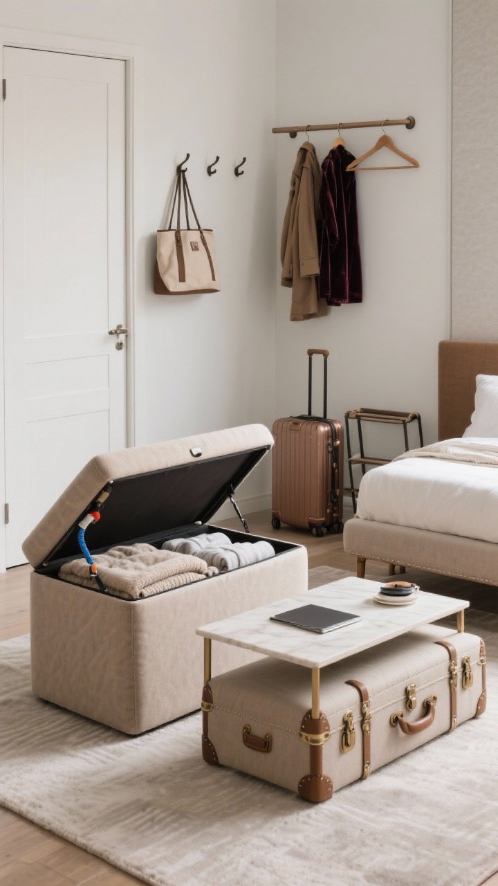 Straight-on medium shot: Smart storage disguised as decor. An upholstered storage ottoman with its lid slightly lifted reveals extra blankets and an air pump; a lift-top coffee table is shown raised, doubling as a work/dining surface with neatly folded linens inside. A bedside trunk/bench stands ready as seating and a suitcase stand. Guest-friendly touches include a foldable luggage rack, over-the-door hooks with a tote and coat, and a slim wardrobe rail with a few velvet hangers. Clean, uncluttered, photorealistic.