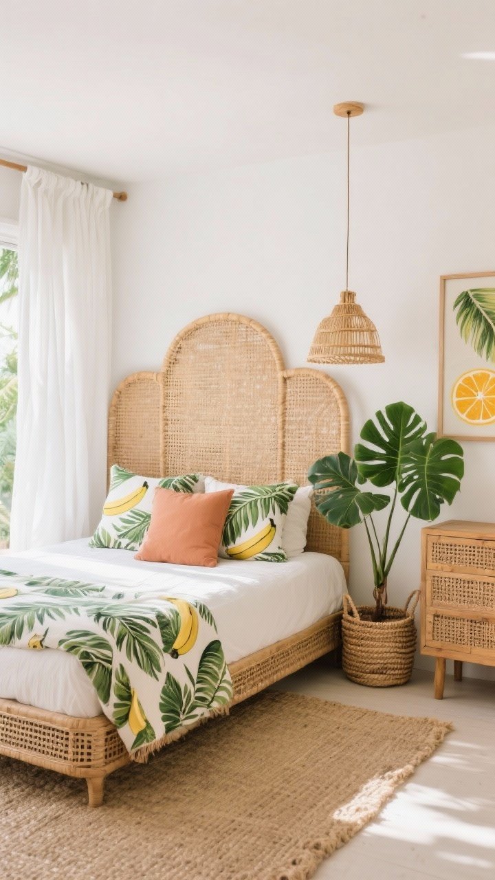 Straight-on medium shot: Tropical boho setup with a rattan bed on a neutral sisal rug. Banana leaf and palm-printed pillows mixed with solid clay and sage cushions. A woven room divider used as a headboard/backdrop. Breezy white curtains, rattan pendant lighting, and a wood-and-cane dresser to one side. Monstera in a woven basket and citrus-toned art adding a sunny pop. Bright vacation light, photorealistic.