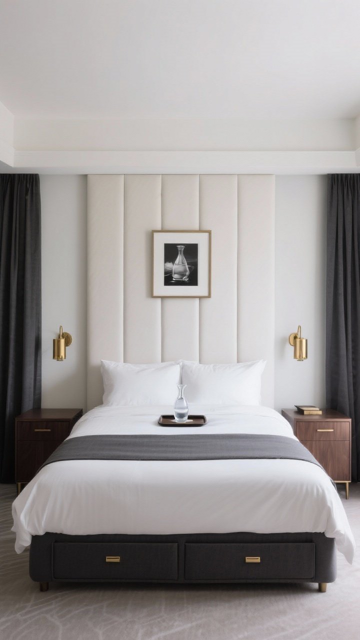Straight-on medium shot with hotel-core symmetry: tall channel-tufted headboard in soft white or charcoal, matching slim nightstands on both sides, symmetrical wall sconces in antique brass; high-thread-count sheets, down-alternative duvet, tailored bed skirt concealing storage bins; a narrow runner at the foot of the bed; single black-and-white photograph centered above, tray with water carafe and glass on one nightstand; blackout curtains in frame; palette of soft white, charcoal, espresso wood, and antique brass; refined and quietly luxurious