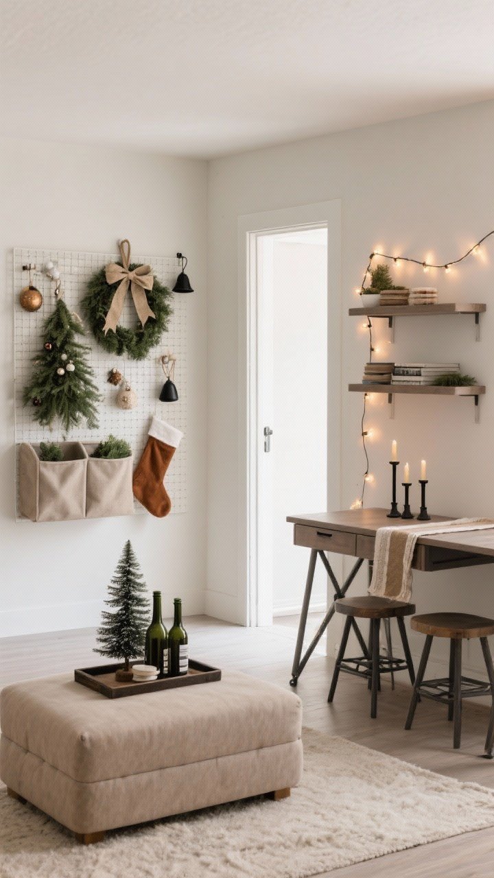 Straight-on medium studio scene, sleek studio saver: soft neutrals—sand, caramel, charcoal—optimized for storage. Wall grid serves as tree alternative, clipped greenery, stockings, and ornaments. Storage ottoman as coffee table with a tray of bottle brush trees. Folding drop-leaf table set as desk-to-dining with a narrow runner and two candlesticks. Floating shelves, Murphy-style fold-down desk, stackable stools tucked neatly. Neutral wreath on a command hook, burlap ribbon, matte black bells. One strand of warm lights tracing a doorway to zone the space. Streamlined, clutter-proof, photorealistic, no people.