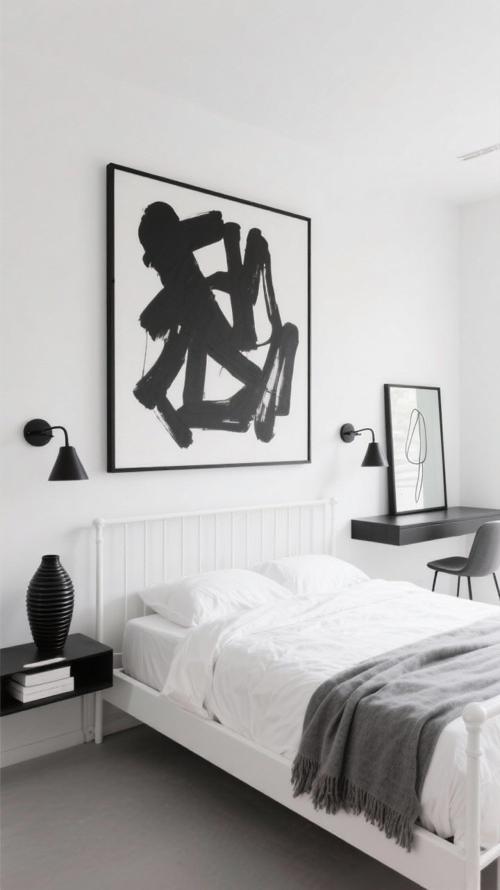 Straight-on medium-wide shot of a monochrome gallery-style bedroom: simple white powder-coated bed frame with crisp percale sheets, black metal wall sconces flanking the headboard, one oversized abstract black-and-white canvas anchoring the wall, a 6-inch-deep wall-mounted floating console used as both nightstand and desk with an armless side chair tucked in; thin black-framed mirror leaning or mounted to reflect daylight; palette is white base with black accents and a single gray throw; include a black ribbed vase and framed line art; strong negative space, bright natural light