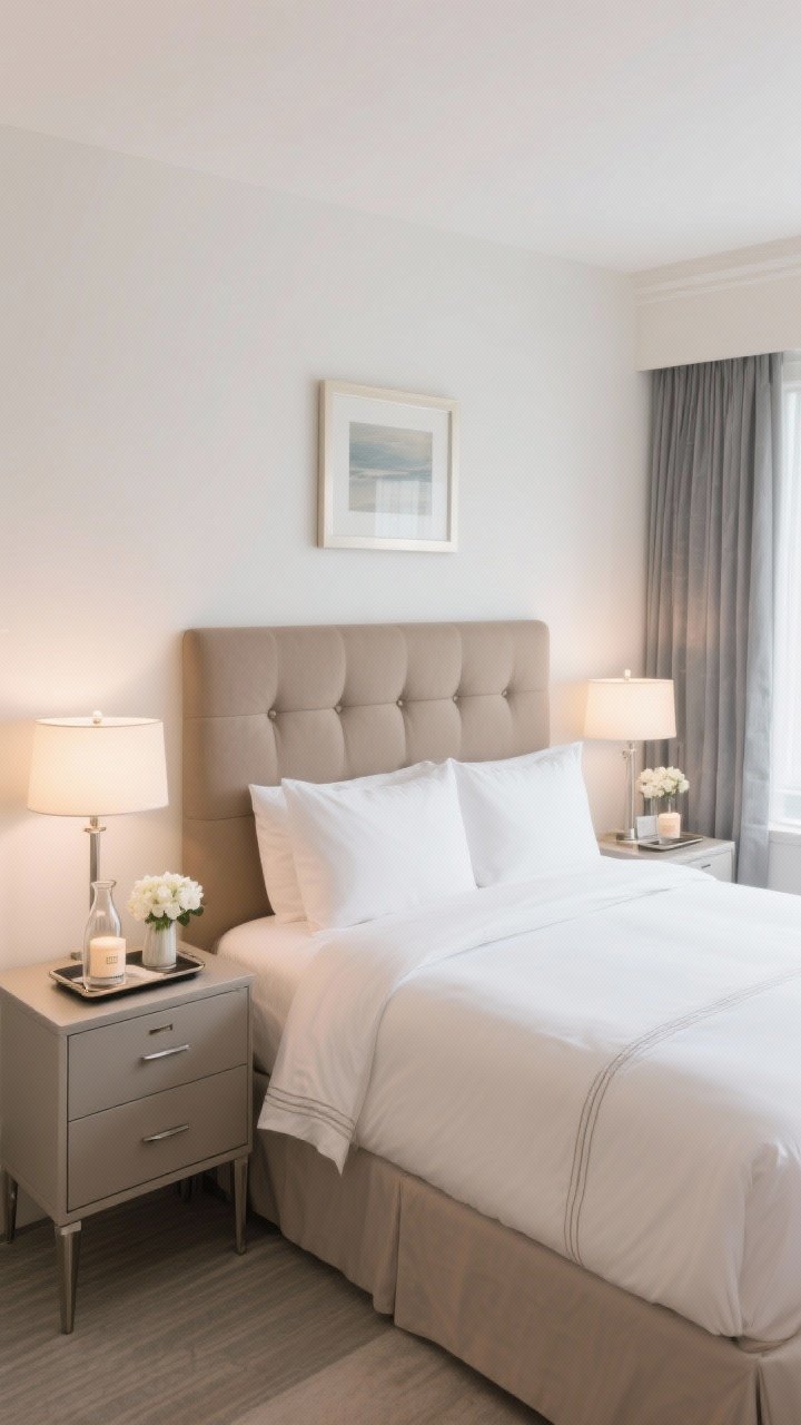 Straight-on, symmetrical Serenity Suite composition: buttery-white walls, centered upholstered bed with a taupe padded headboard, perfectly tucked hotel-weight percale sheets with subtle contrast piping, matching waterfall nightstands on both sides, identical touch-dimmer lamps emitting warm light, centered artwork above the headboard, sleek dresser with soft-close drawers visible to the side, a brushed nickel accent finish, a tray on one nightstand with a carafe and fresh white flowers, a neatly labeled scented candle; soft gray blackout drapes framing the window; calm, polished hotel symmetry.