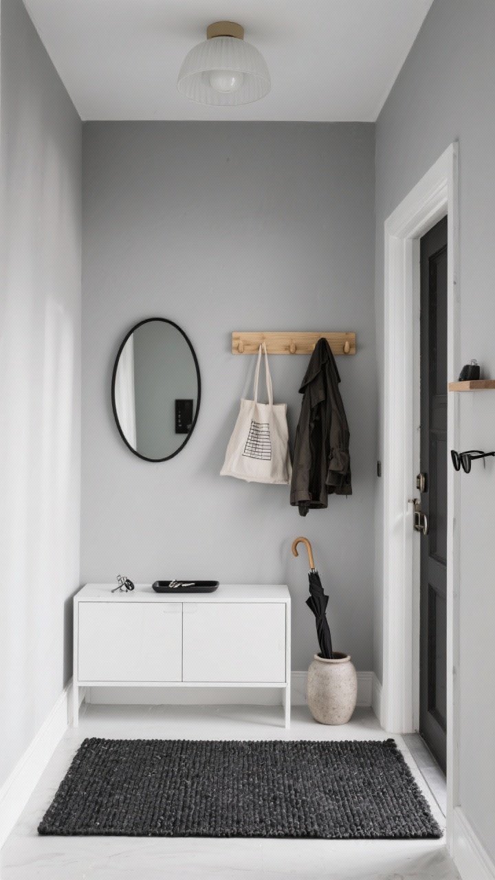Straight-on view of a monochrome entryway: soft gray painted walls, narrow white shoe cabinet with clean lines; Scandi oval mirror with thin black frame above; blonde wood peg rail holding coats and totes; textured black runner grounding the floor; slim tray for keys on the cabinet, stoneware umbrella stand by the door, tiny wall-mounted shelf for sunglasses; milk-glass ceiling light glowing softly; organized, minimal, photorealistic.