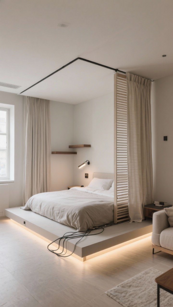 Studio apartment wide shot showing a minimal sleep zone divider: shallow platform defining the bed area with concealed cable management and a soft-glow under-bed LED strip; ceiling-mounted linen curtain partially drawn to separate the space, and a low slatted screen that filters light; compact wall shelves used sparingly; clip-on reading lights attached to the headboard; palette of muted neutrals pulled from the adjacent living area but slightly softened near the bed; no heavy art, clean lines, cohesive open-plan view