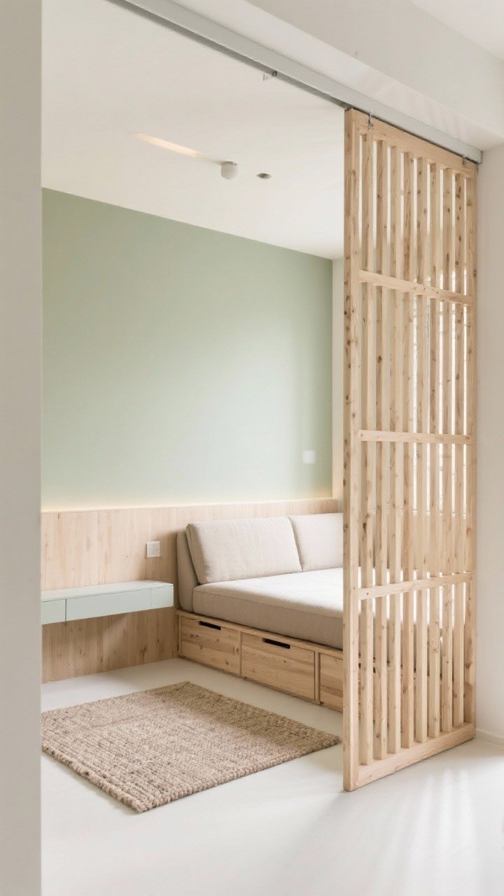 Studio zone medium-wide shot: one wall painted soft sage to define sleeping area; slatted birch sliding screens on a ceiling track partially closed for light-permeable privacy; compact futon-style bed with hidden drawers; slim console at the foot as divider; neutral flat-weave rug grounding the zone; warm white ambient light; palette soft sage, birch, warm white, natural fiber; angle from corner to show zoning.