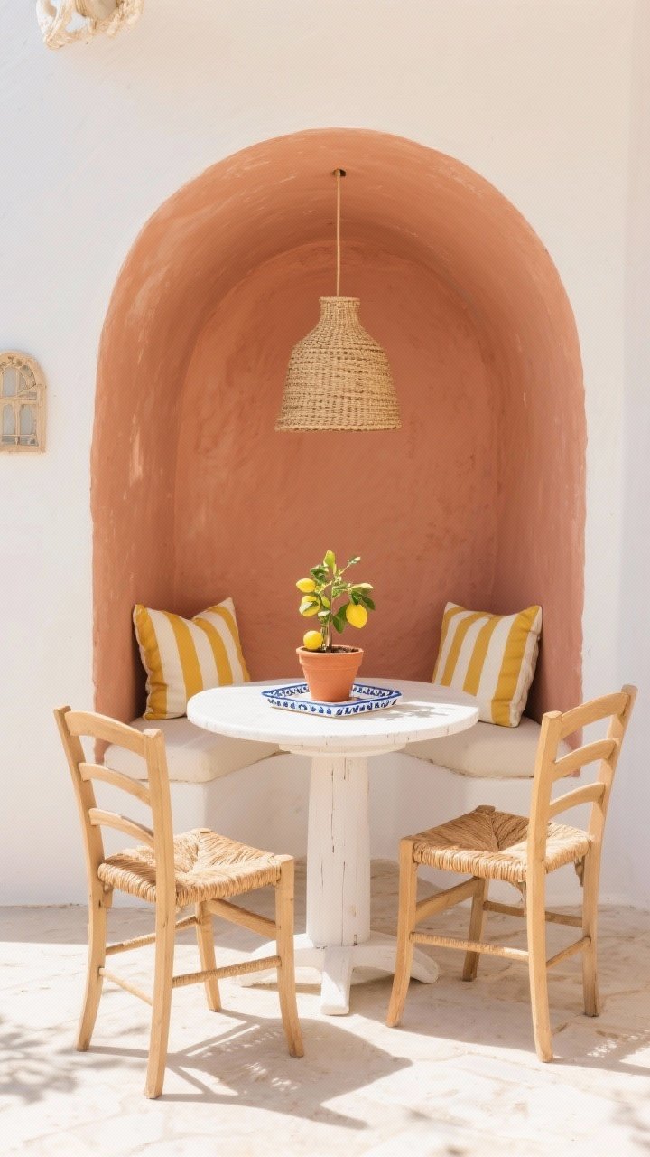 Sun-drenched Mediterranean nook, straight-on medium shot: a soft terracotta painted arch framing the seating; whitewashed bistro table with two woven rush-seat chairs; striped mustard-and-ivory cushions; terracotta planter with a small lemon tree; woven jute pendant overhead; blue-and-white tile tray on the table catching the light; breezy, bright, holiday-at-home feel