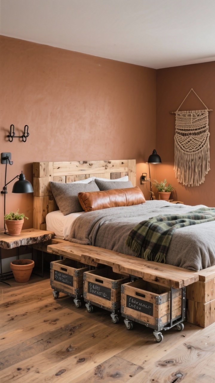 Three-quarter corner view, modern rustic bedroom: solid oak block bed with chunky frame, heathered wool bedding and a caramel leather bolster; beneath, four industrial rolling crates made from reclaimed wood and powder-coated steel, each with a chalk label and casters; warm clay-painted walls, knotty oak floor, black metal task lamps, live-edge bench, woven wall hanging; accessories like terracotta planters, iron hooks, and a muted forest plaid throw; cozy, even ambient lighting; photorealistic