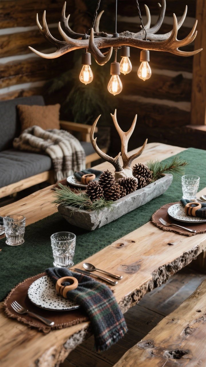 Tight detail shot on rugged lodge textures: a live-edge table with a short charcoal felt runner. Centerpiece is a low stone trough filled with pinecones, cedar clippings, and a few faux antlers for sculptural height. Place settings show speckled enamelware plates on raw leather placemats, brushed nickel flatware, heavy cut-glass tumblers, and wool plaid napkins held with carved wood rings. Edge of the frame hints at a bench draped with a wool throw and the warm glow of a rustic antler-style chandelier with Edison bulbs above. Palette: forest green, bark brown, charcoal, cream. Cozy, grounded cabin mood, no people.