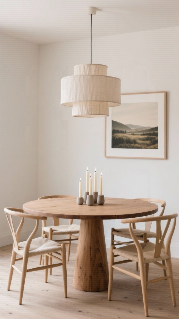 Warm minimal dining medium shot: round oak pedestal table centered, paired with pale wishbone chairs with flax-linen seat pads; single large-scale muted landscape print on the wall; centerpiece cluster of tapered candles in matte ceramic holders; linen drum pendant overhead casting soft, diffuse hygge light; palette oak, flax, warm white, muted landscape tones; intimate framing to emphasize round forms and flow.