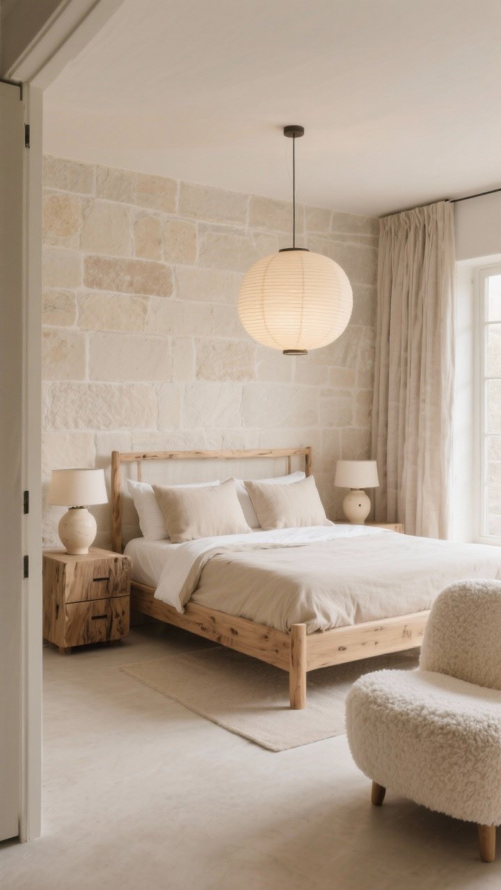 Wide, airy shot from the doorway: A spa-like bedroom in a monochrome sand-to-stone palette. Pale stone walls, a natural oak bed frame with softened corners dressed in sand linen bedding layered with tone-on-tone pillows. Nightstands are thick oak slabs with hidden drawers. Gentle lighting: ceramic lamps in bone glaze on each nightstand and an oversized paper lantern pendant centered above the bed emitting soft, diffused light. Unlined flax curtains puddle slightly at the floor; a bouclé accent chair in the corner offers cloud-like comfort. Palette: sand, stone, bone, natural oak. Textures: linen, oak grain, ceramic, paper, bouclé.