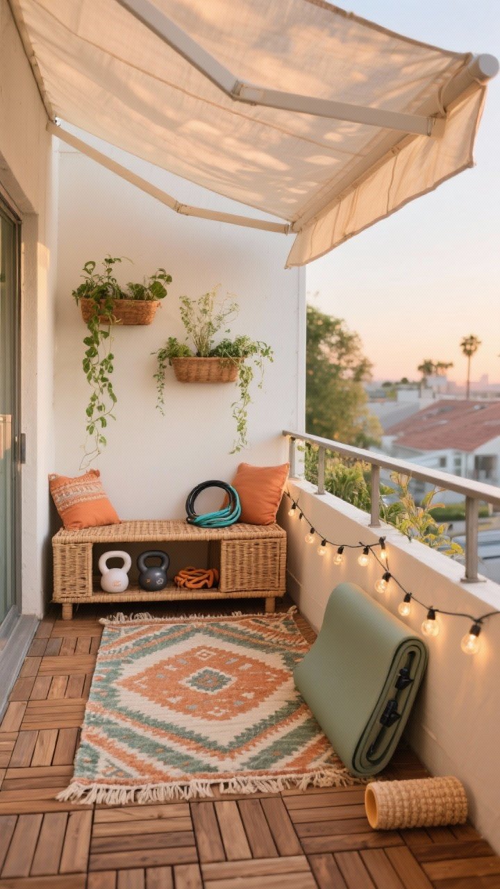 Wide angle, Boho Balcony Sweat Sanctuary: small balcony outfitted with interlocking teak deck tiles layered with a washable patterned outdoor rug; weatherproof rattan storage bench open to reveal lightweight kettlebells, a jump rope, and a foldable mat; wall-mounted planters with trailing greenery; a canvas shade sail overhead providing privacy and soft dappled light; palette of terracotta, sage, sun-bleached neutrals, and natural fibers; solar string lights draped along the railing ready for sunset glow; accessories include a yoga wheel and collapsible foam roller tucked by the bench; breezy outdoor ambiance, photorealistic.