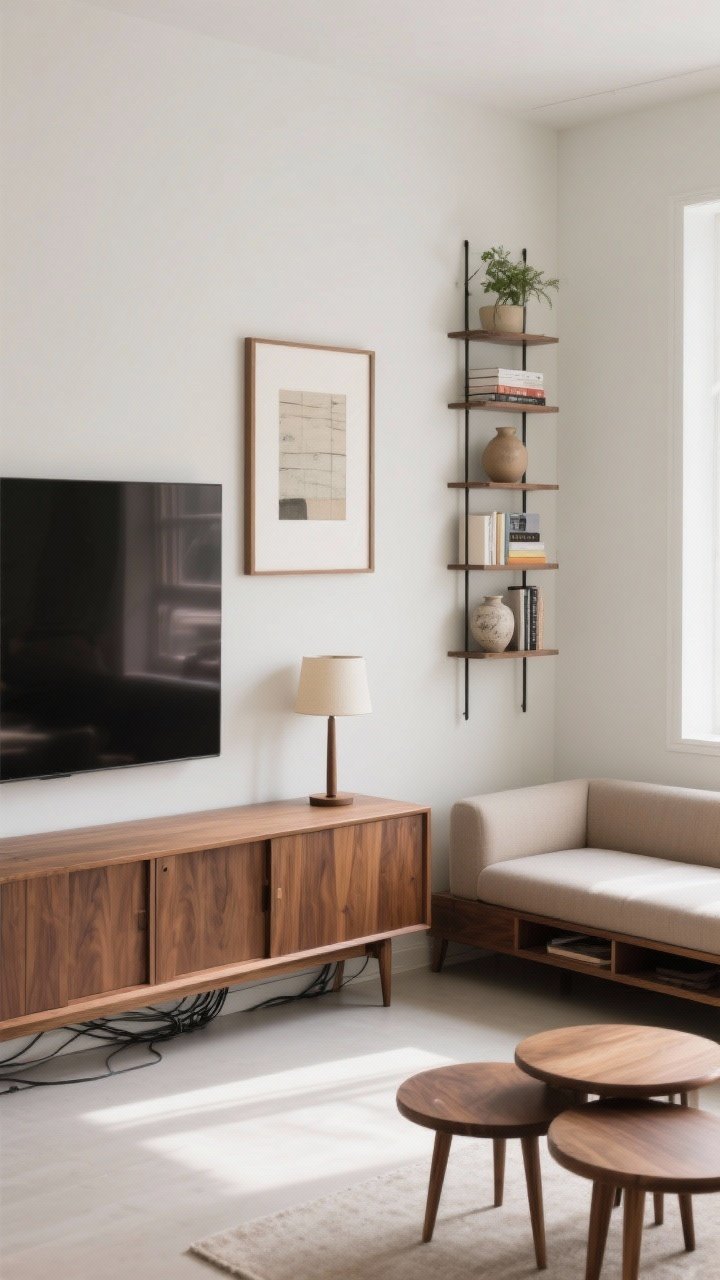 Wide angle from a room corner emphasizing hidden storage and vertical wins: a low, long walnut media console with doors closed and cables concealed; a matching credenza styled with a single lamp and framed art above for a tidy vignette; wall-mounted vertical shelving drawing the eye upward with a few edited books, a ceramic, and a small plant; an upholstered bench with hidden storage and nesting tables tucked under; clean floors and calm daylight.
