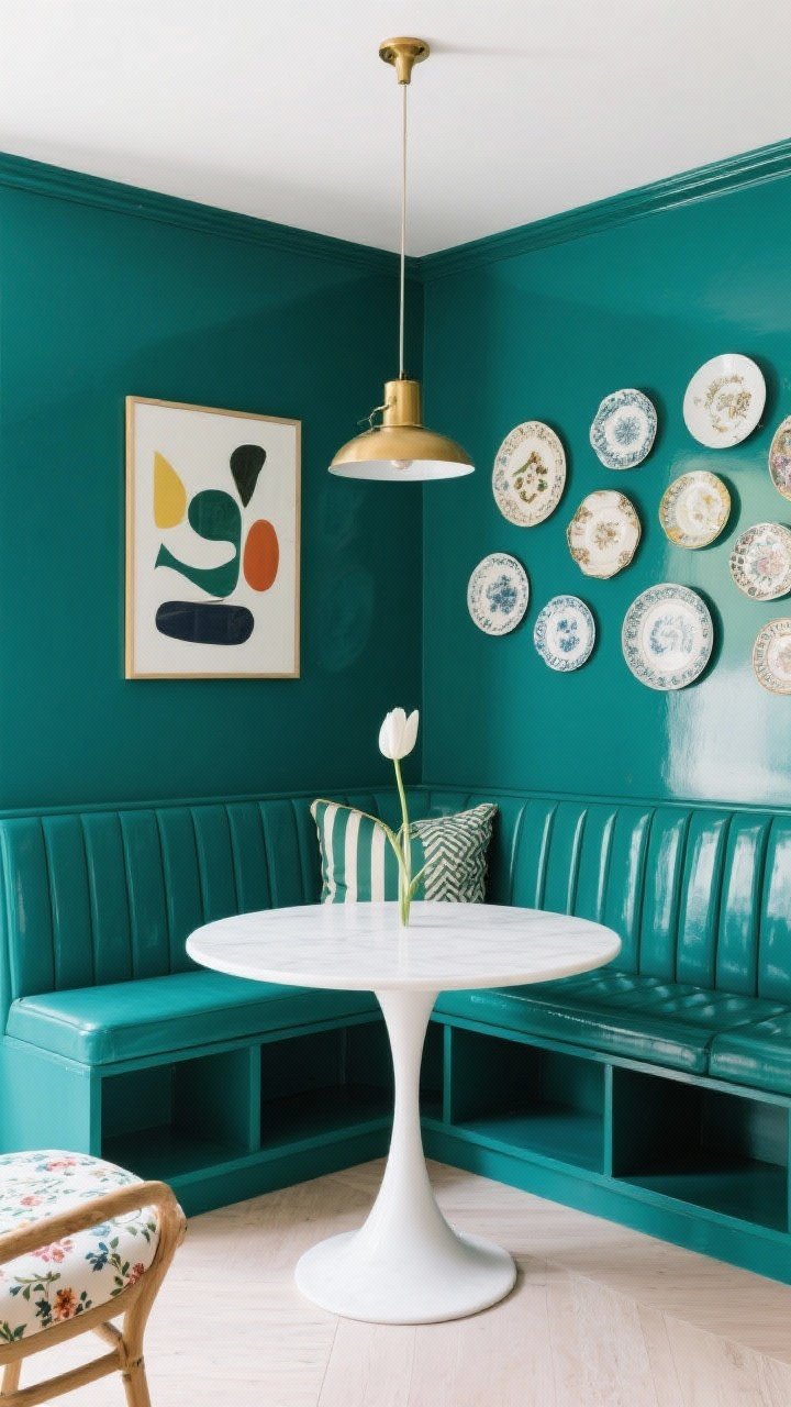 Wide angle of a bold built-in banquette: tight corner with an L-shaped storage banquette lacquered in rich deep teal/forest green; white tulip pedestal table centered; patterned cushions in stripes and small-scale floral; wall decor featuring a playful gallery of vintage plates or a single large abstract print; subtle brass accents; clean, bright daylight highlighting the glossy color pop; bold, space-savvy feel