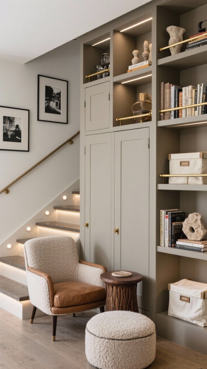 Wide angled shot of an under-stairs book bar: custom cubbies and closed cabinets stepping down with the stair angle, open shelves styled with best spines and sculptural objects. A brass gallery rail along shelf edges secures books and art prints. Seating: cozy slipper chair in bouclé or leather beside a small drum side table; an ottoman tucked into a lower cubby. Lighting: recessed puck lights under the stair run, tiny LED strips glowing within cubbies. Decor: framed black-and-white photography, travertine objects, linen storage boxes behind doors. Palette: mushroom taupe, cream, espresso, brushed brass. Polished yet practical.