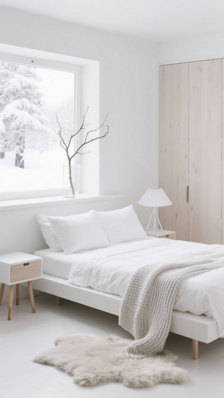Wide, bright Nordic Snowfall scene: white-on-white bedroom with a simple ash or birch spindle bed, crisp white percale sheets, two oversized euro pillows, a textured white duvet cover, floating nightstands and a built-in ledge doubling as a headboard, slim wardrobe with flat fronts in pale ash, a sheepskin rug by the bed, ribbed knit throw, paper lampshade and a geometric white table lamp; a single sculptural branch in a clear glass cylinder on the ledge; light, airy daylight with soft shadows; palette of white, ivory, pale ash wood, and a whisper of dove gray.