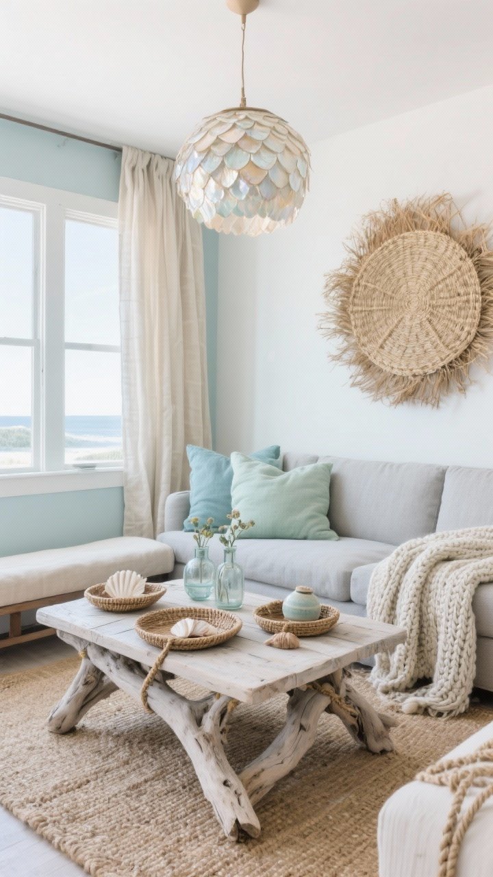 Wide, Coastal Boho With Driftwood Calm: pale gray sofa with oatmeal linen curtains; bleached wood coffee table that appears driftwood-like; chunky knit throw and pillows in sea-glass hues—sage, mist, soft blue; oversized woven seagrass circle wall art; flat jute rug; woven trays, ceramic shells, glass bud vases, rope accents styled on the table; capiz shell pendant shimmering overhead; bench along one wall for extra seating; palette of misty blue, sage, oat, driftwood, white; breezy and serene; no people, photorealistic.