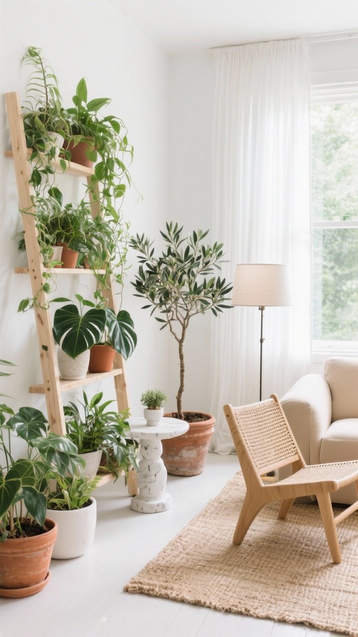 Wide corner angle of a plant-lover’s light haven: bright white walls and sheer curtains flooding the room with light; a sand-colored sofa, a white pedestal side table, and a pale oak ladder shelf overflowing with cascading plants (pothos, rubber plant, ZZ, an olive tree in a floor pot). Mix planters in terracotta, matte white, and stone. A jute-and-cotton rug grounds the space; a rattan reading chair sits by a floor lamp with a diffused shade. Fresh and organic.