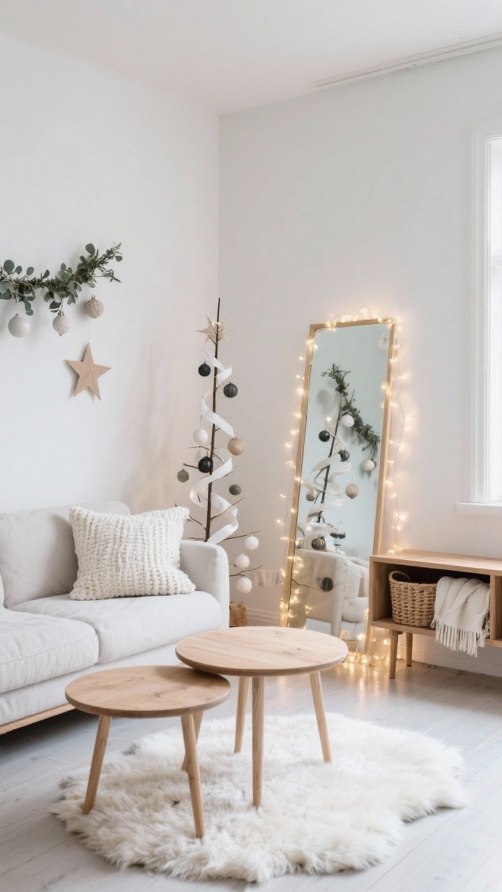 Wide corner room shot, Nordic Nest style: a small apartment living area in creamy whites, pale gray, and blonde woods. Light linen sofa with chunky knit ivory pillows, sheepskin-style rug under compact round oak nesting tables. Slim pencil Christmas tree in the corner with matte ornaments—linen ribbons, ceramic baubles, paper stars. Eucalyptus garland with fairy lights draped over a low-profile wood media console; woven baskets for blanket storage. Soft white string lights wrapped around a floor mirror to bounce glow. Tranquil, minimalist Scandinavian mood, photorealistic, no people.