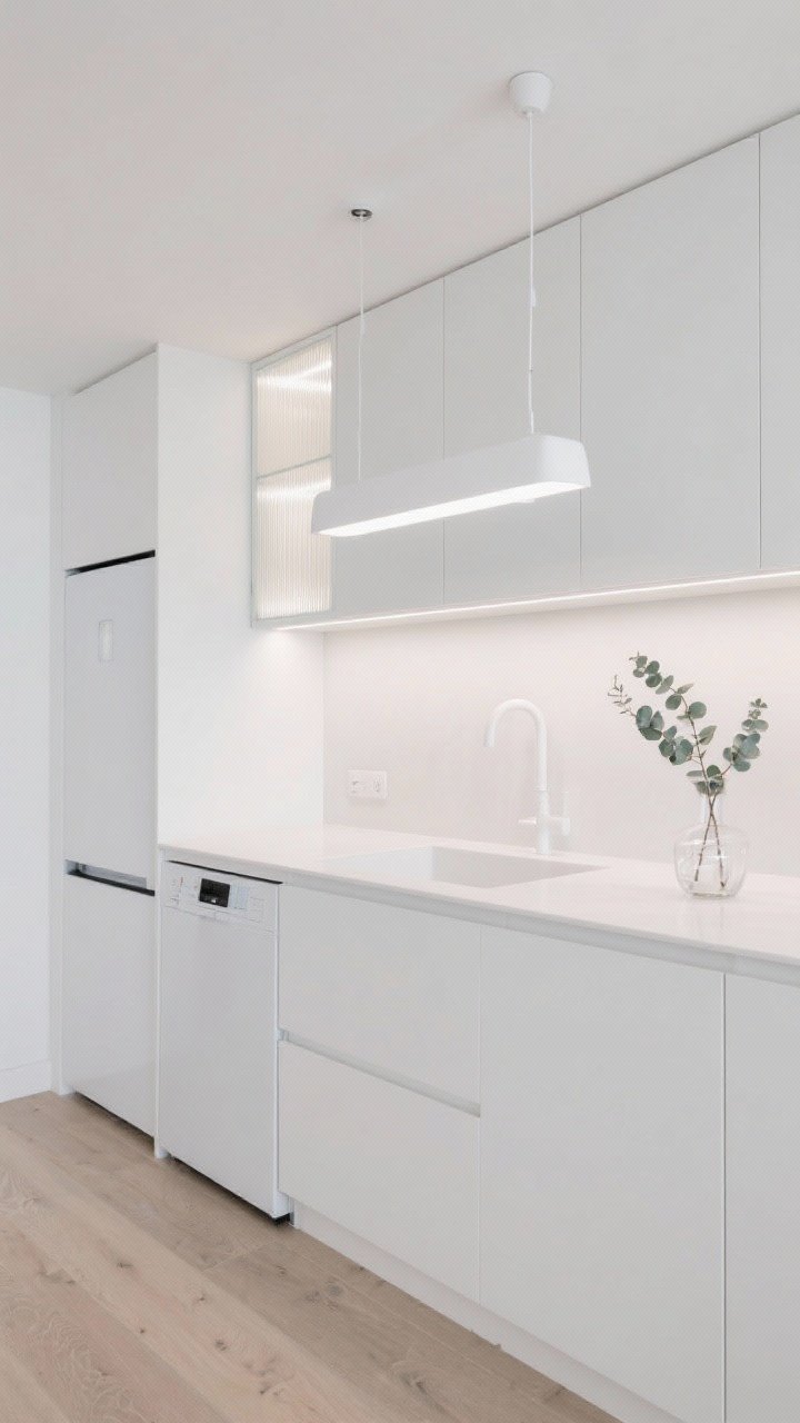 Wide, gallery-clean straight-on: All-white slab cabinets floor to ceiling with integrated fridge and dishwasher, an ultra-thin white countertop, white composite sink, pale ash flooring, a ribbed glass upper cabinet panel in the corner glowing with soft internal LEDs, a linear white pendant hovering over the counter, and a clear vase with a single eucalyptus branch; seamless, minimalist, luminous.