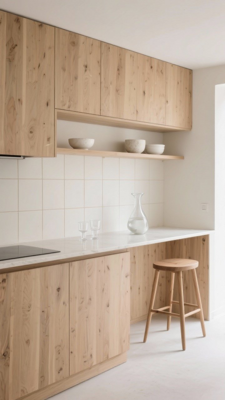 Wide kitchenette shot with flat-front natural oak lower cabinets; no uppers—only open shelves styled sparsely with white stoneware bowls, a couple of clear glasses, and one sculptural carafe; pale quartz (or laminate) counter that blends into off-white square tile backsplash with sandy grout; slim light-oak barstool tucked under a narrow counter ledge; soft daylight for a calm, weightless feel; palette of oak, off-white, sand grout, clear glass.