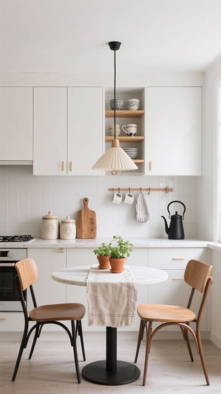 Wide kitchenette with cafe charm: flat-front white cabinets, oak open shelves styled with ceramics, white square tile backsplash with pale grout; minimal counters holding a ceramic canister trio, wood cutting board, matte black gooseneck kettle; two-seat bistro table with curved wood chairs, linen runner; simple peg rail with mugs and dish towels; mini herb garden in terracotta pots; paper shade pendant centered over the table; bright, functional, charming, photorealistic.