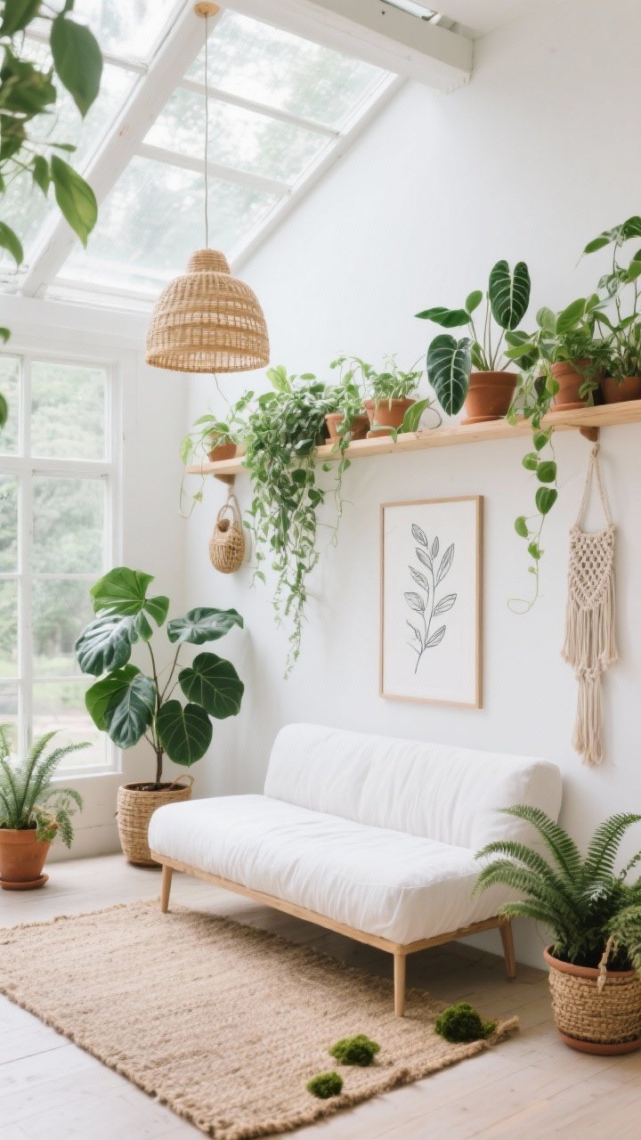 Wide, light-filled Light-And-Leafy Boho Greenhouse: white slipcovered loveseat with slim legs; jute rug; corners filled with a fiddle leaf fig and a feathery fern; a high floating shelf running across the wall with cascading pothos and philodendron; terra-cotta pots, macramé plant hangers, woven baskets; rattan pendant overhead with abundant natural daylight; minimal art—single botanical line drawing; palette of white, eucalyptus, moss, natural jute, light oak; fresh, airy greenhouse feel; no people, photorealistic.