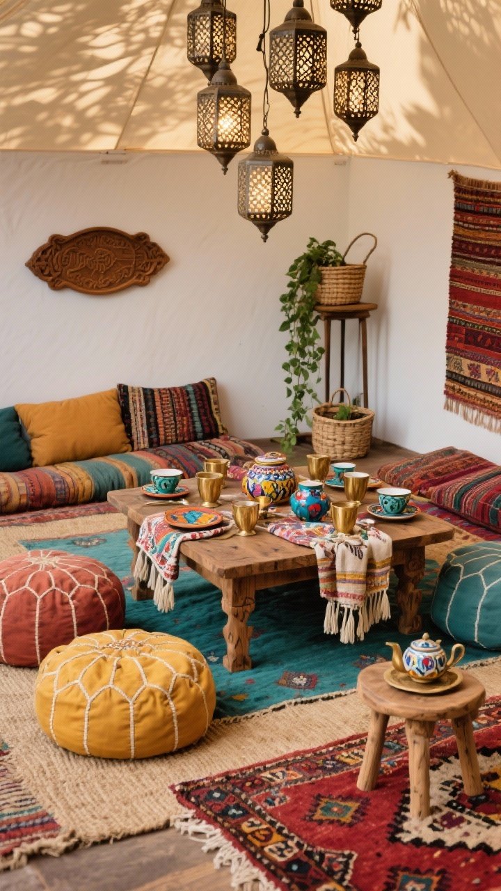 Wide, low-angled shot capturing intimacy: Global Nomad low dining scene with a short carved wood table surrounded by layered floor seating—plump floor cushions, poufs, and a couple of low stools. Flooring layered with two or three rugs: a jute base, a colorful kilim, and a smaller Boucherouite on top. Tabletop mix of colorful enamelware, hand-painted ceramics, brass tea glasses, and patterned napkins tied with tassels. Lighting from a cluster of pierced metal lanterns casting intricate patterned shadows. Accents include a textile wall hanging, carved tray, woven market baskets, a low plant stand with trailing ivy, and a small side table for tea service. Palette: saffron, teal, crimson, natural jute. Cozy, tented-lounge vibe, photorealistic, no people.