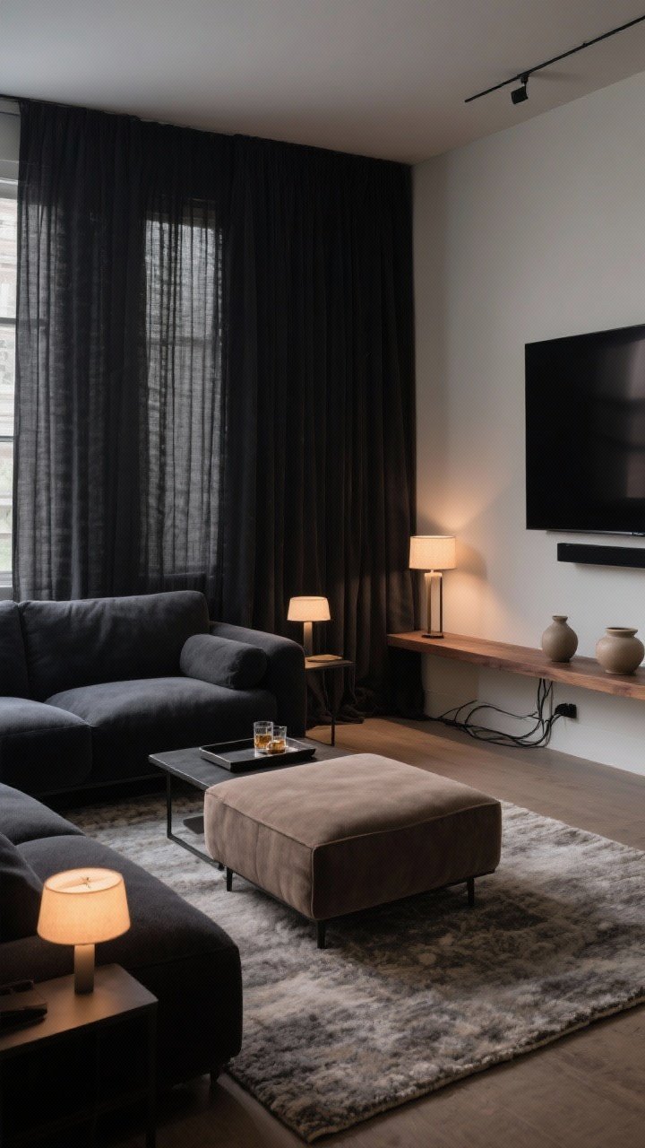 Wide media room, quiet and moody: deep charcoal modular sofa with soft edges; oversized upholstered ottoman in taupe replacing a coffee table, with a slim tray for drinks; layered linen drapes—blackout behind sheers—framing the wall-mounted TV; wool-blend rug with subtle texture; two low warm-glow lamps; cable management hidden, thin oak ledge with three neutral ceramics; palette of charcoal, taupe, warm white; dim, cozy lighting; corner angle, photorealistic.