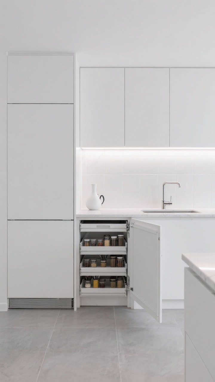 Wide, minimalist monochrome kitchen scene: matte white flat-front cabinets, white quartz countertops, glossy white tile backsplash, and pale concrete-look tile floor; full-height pantry door open to show pull-out drawers, hidden appliance garage with a roll-up door partially raised, and tiered drawer inserts for spices and utensils; counter nearly bare except a sleek kettle and a simple white vase; brushed steel faucet and linear LED channel lights providing even illumination; gallery-clean, straight-on symmetry