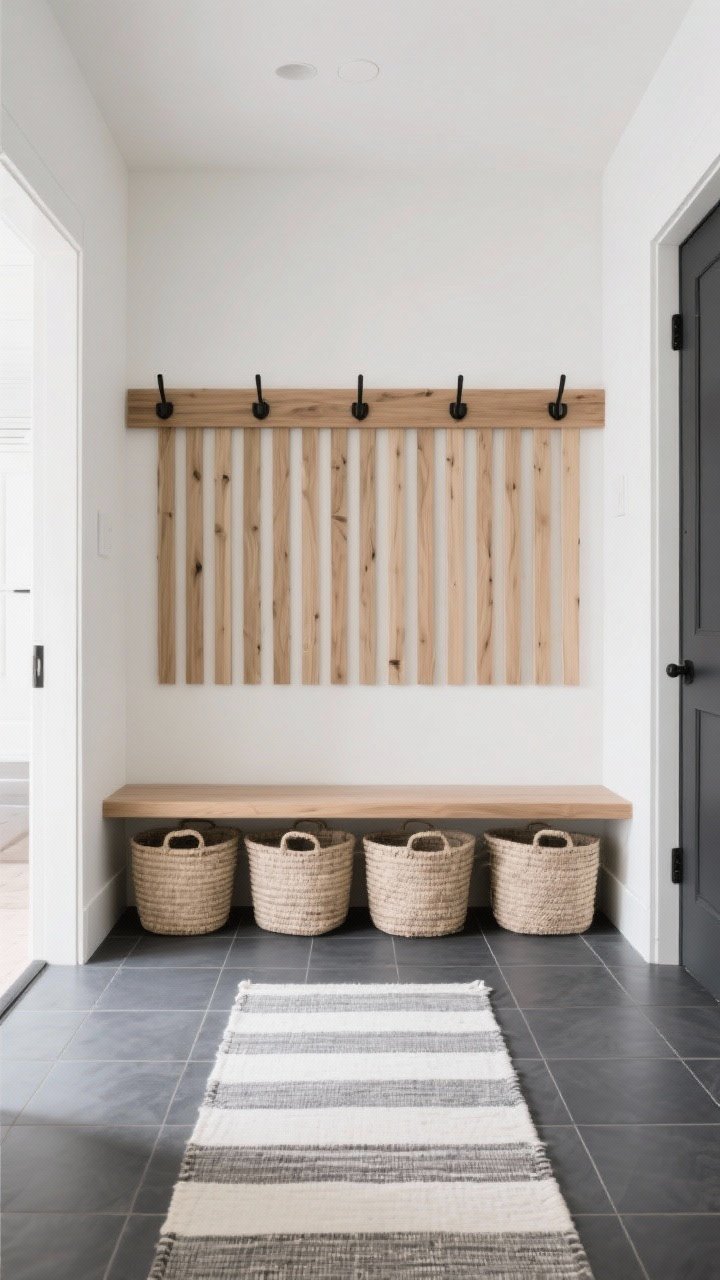 Wide mudroom shot, modern minimal: slatted oak coat rack with integrated bench; beneath seat, uniform neutral woven baskets neatly tucked; slate/charcoal porcelain tile flooring with an ivory-and-gray striped flatweave runner; matte black hardware and minimal uniform hooks; palette of oak, ivory, charcoal; everything organized, clean lines; straight-on view, bright even light, photorealistic.
