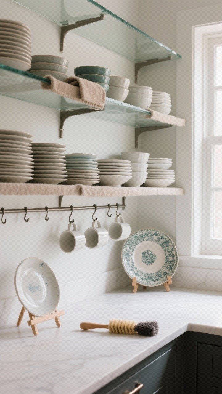 Wide open-shelving storage scene: neatly stacked plates with thin felt plate separators between each, bowls limited to short stacks on lower shelves, and sturdy hooks holding single-hung mugs to prevent chipping. A soft liner sits atop a glass shelf to avoid micro-scratches, while a few special plates stand on small easel stands. Gentle daylight, no direct sun on a decorative-glaze platter placed away from the window; a microfiber duster rests on the counter. Straight-on wide shot, photorealistic.