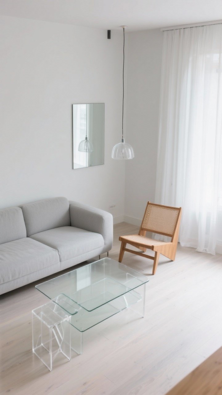 Wide overhead angle (slight top-down) of a light and airy small living room emphasizing transparency: a glass coffee table over pale floors, a lucite nesting side table, and a foldable oak sling chair positioned by a pale gray two-seater. Sheer white curtains pool slightly at the floor; a simple clear-glass hanging pendant and a minimal wall mirror bounce light. Palette: pale gray, white, soft wood. Photorealistic, clutter-free.