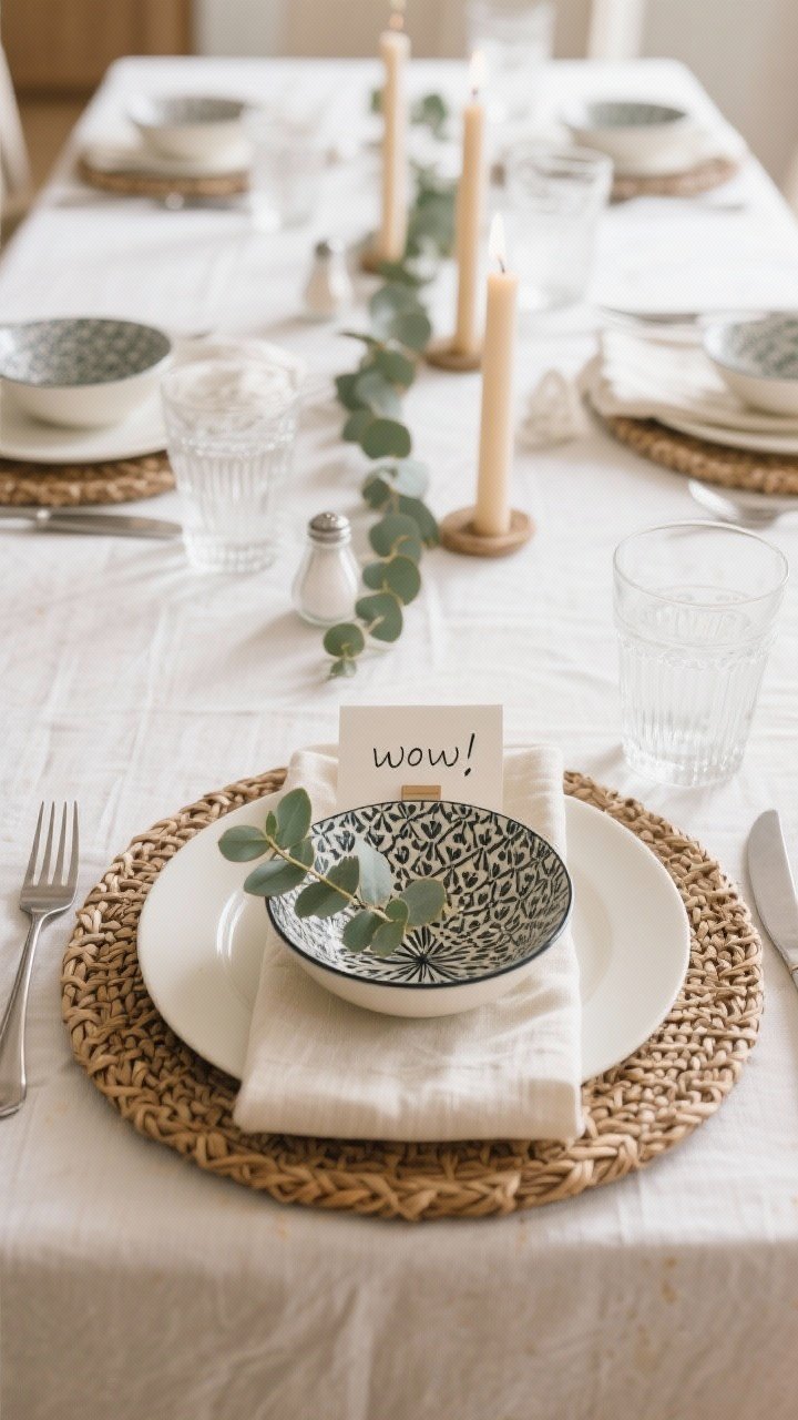 Wide overhead shot: Fully styled place setting layered top to bottom—rattan charger as base, solid ivory dinner plate as anchor, a patterned salad bowl as the single “wow,” and a folded linen napkin topped with a sprig of eucalyptus and a simple place card as the topper. Sides include brushed flatware and simple clear glassware. Low centerpiece runs down the table to keep sightlines open; palette echoes in taper candles and a tiny salt dish. Even daylight for a clean, intentional finish.