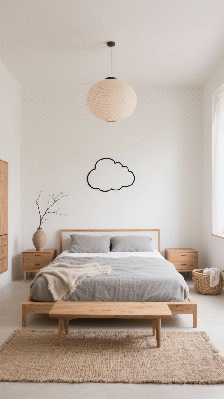 Wide room shot, Japandi Cloud bedroom: a low platform bed with a slim natural oak frame dressed in stone-gray linen and a single cloudlike duvet, warm white walls with a hint of clay, a rounded rice paper pendant centered above the bed, thin-legged oak nightstands without handles, a natural oak bench at the foot, a textured jute rug grounding the space, linen bedding with a soft wool throw, a ceramic vase holding a single branch, one oversized matte black line drawing centered above the bed, low dresser hidden to the side and a woven basket for throws; soft natural daylight for a weightless, spa-like calm; neutral palette of warm white, oat, fog gray, and pale wood.
