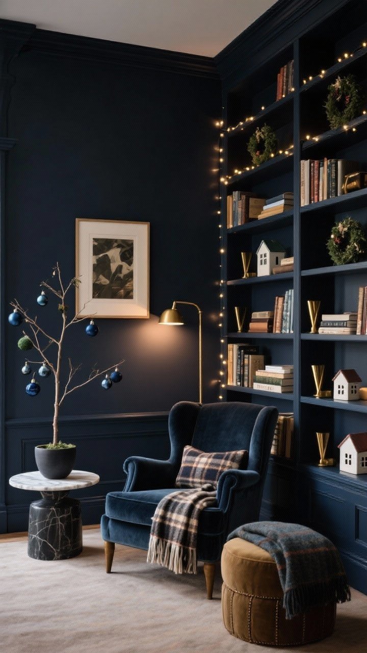 Wide room shot, moody library: deep navy or charcoal ink walls, floor-to-ceiling shelves twinkling with micro lights. Shelves styled with mini wreaths, brass bookends, ceramic houses tucked between stacks. Compact wingback chair in velvet with a plaid wool blanket, marble side table, and a footstool hiding throws. Slim pencil tree in a dark planter with matte ornaments in navy, forest, and brass. Picture light over framed art, layered with a reading sconce for warm pools of light. Intimate, grown-up, photorealistic, no people.