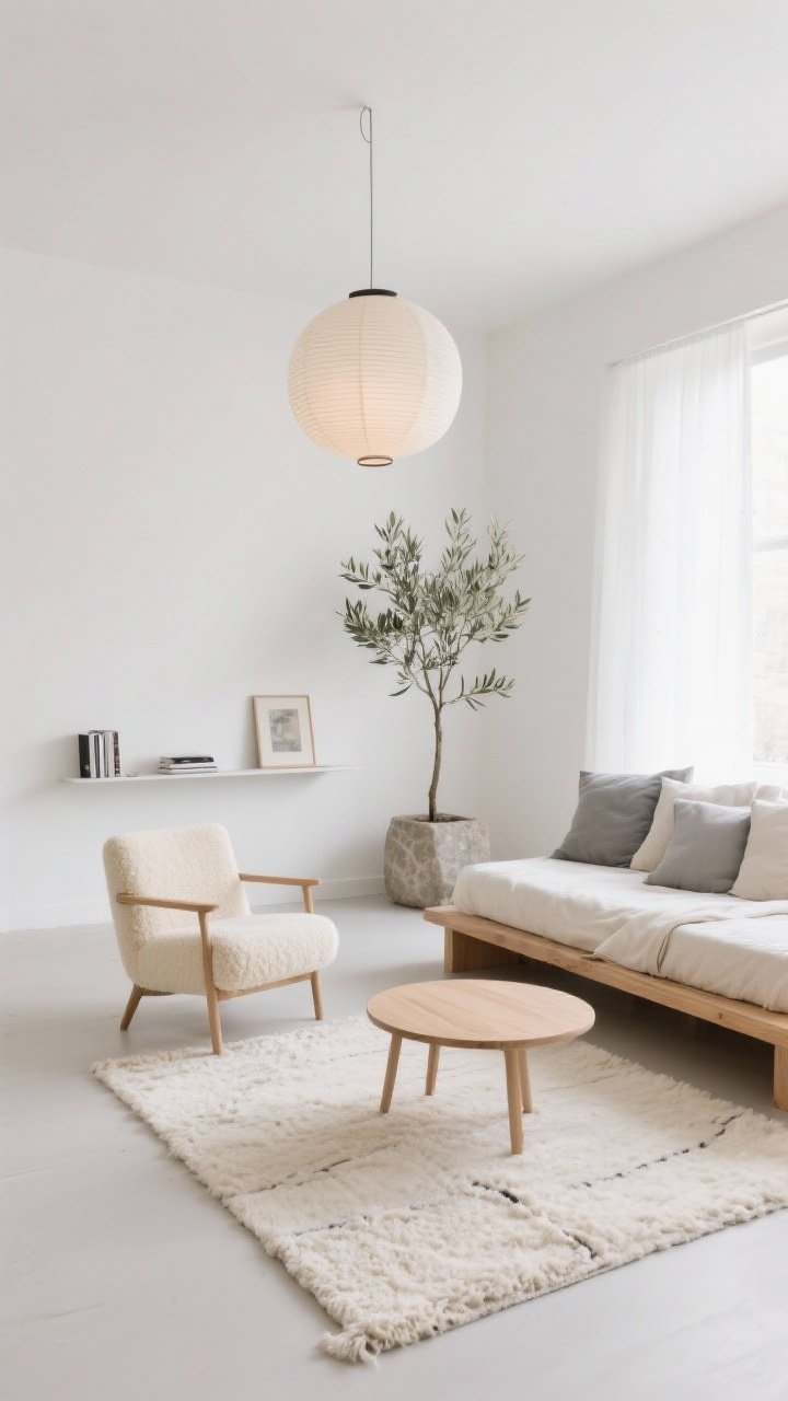 Wide room shot of a cloud-soft minimalist studio: white walls bouncing natural daylight, cream wool flatweave rug, compact oak platform bed styled as a daybed with oversized linen pillows in dove gray and ecru, round birch coffee table, slim-leg armchair in warm ivory boucle, wall-mounted shelf acting as a nightstand, narrow floating media ledge with a few books and small art, single paper lantern pendant overhead, tall olive tree in a stone planter; clean lines, airy, uncluttered Scandinavian vibe, photorealistic.