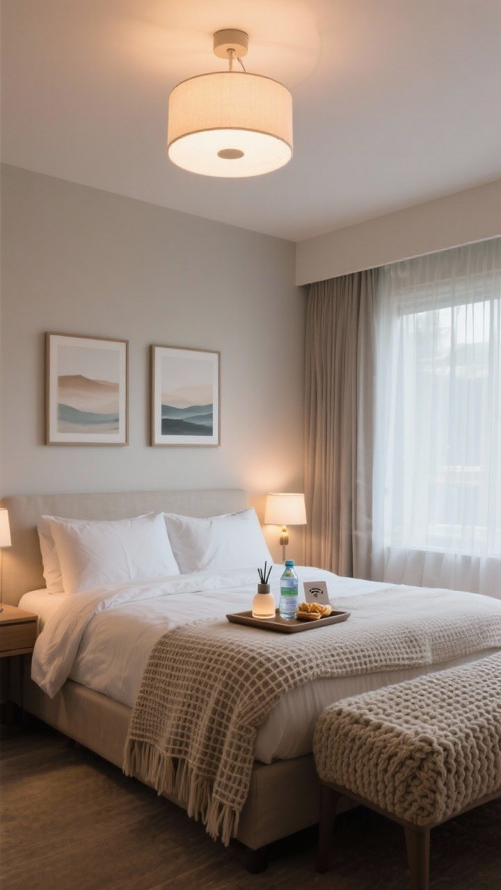 Wide room shot with intimate focus on the guest sleep zone: Layered lighting—overhead fixture on a dimmer, soft accent lamps, and a subtle nightlight guiding the path. A calming diffuser or room spray bottle sits on a tray; textures include linen or cotton sheets, a waffle-weave blanket, and a chunky knit throw at the foot of the bed. Above the bed hang two serene, minimal artworks (soft landscapes/abstracts). A mini welcome tray holds bottled water, a snack, and a Wi‑Fi card. Clip-on blackout liner evident over sheer window panels. Boutique, serene ambience, photorealistic.