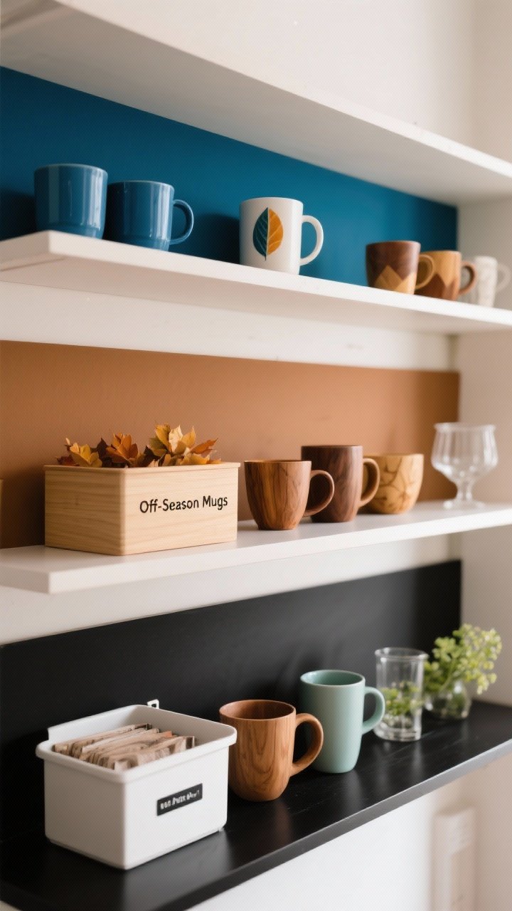 Wide shelf shot emphasizing personality through color stories and seasonal swaps: one shelf color-blocked with all blues, another with warm earthy tones, and a monochrome black-and-white shelf punctuated by a single contrasting showpiece mug; small labeled storage bin reading “Off-Season Mugs” visible below for easy rotation; seasonal mood cues—earthy mugs with wood in fall, a touch of pastel or glass on a neighboring spring shelf; cohesive yet lively, with soft ambient daylight enhancing the curated, fresh feel.