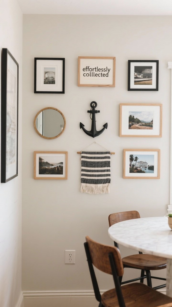 Wide shot: A chic, cohesive gallery wall in a compact dining nook. An anchor piece centered at 57–60 inches from the floor, surrounded by artworks with even 2–3 inch spacing. Frames limited to two finishes (black and light oak). Mixed mediums include a small round mirror and a petite textile alongside prints and travel photos. Neutral wall, restrained color story, “effortlessly collected” vibe; straight-on view for symmetry.