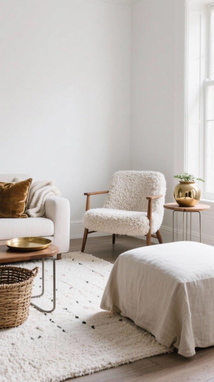 Wide shot: A compact living room corner styled for layering textures without clutter—matte soft-white walls as a quiet base, a low-pile flatweave rug in ivory, a slim sofa with a nubby pillow, a single bouclé accent chair, and a linen slipcover on an ottoman; add one shiny accent like a brass tray on a slender wood side table and a glossy ceramic planter; balance rough and smooth (wool throw next to a metal side table, velvet cushion near a rattan basket); natural daylight from the side softly diffuses across matte surfaces, photorealistic, no people.