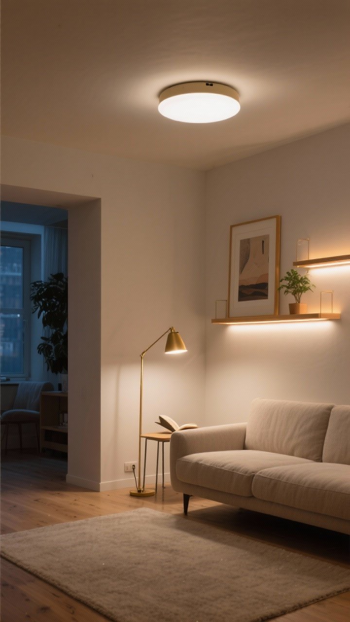 Wide shot — A compact living room staged with layered lighting: a dimmable semi-flush ceiling light casting even ambient glow, a slim brass task floor lamp beside a small sofa for reading, and subtle accent lighting with a picture light over framed art plus warm LED strips on open shelves highlighting a small plant; neutral walls, light hardwood floors, linen textures, clear sightlines, no people, photorealistic evening scene with balanced, non-harsh illumination to make the room feel open and intentional.