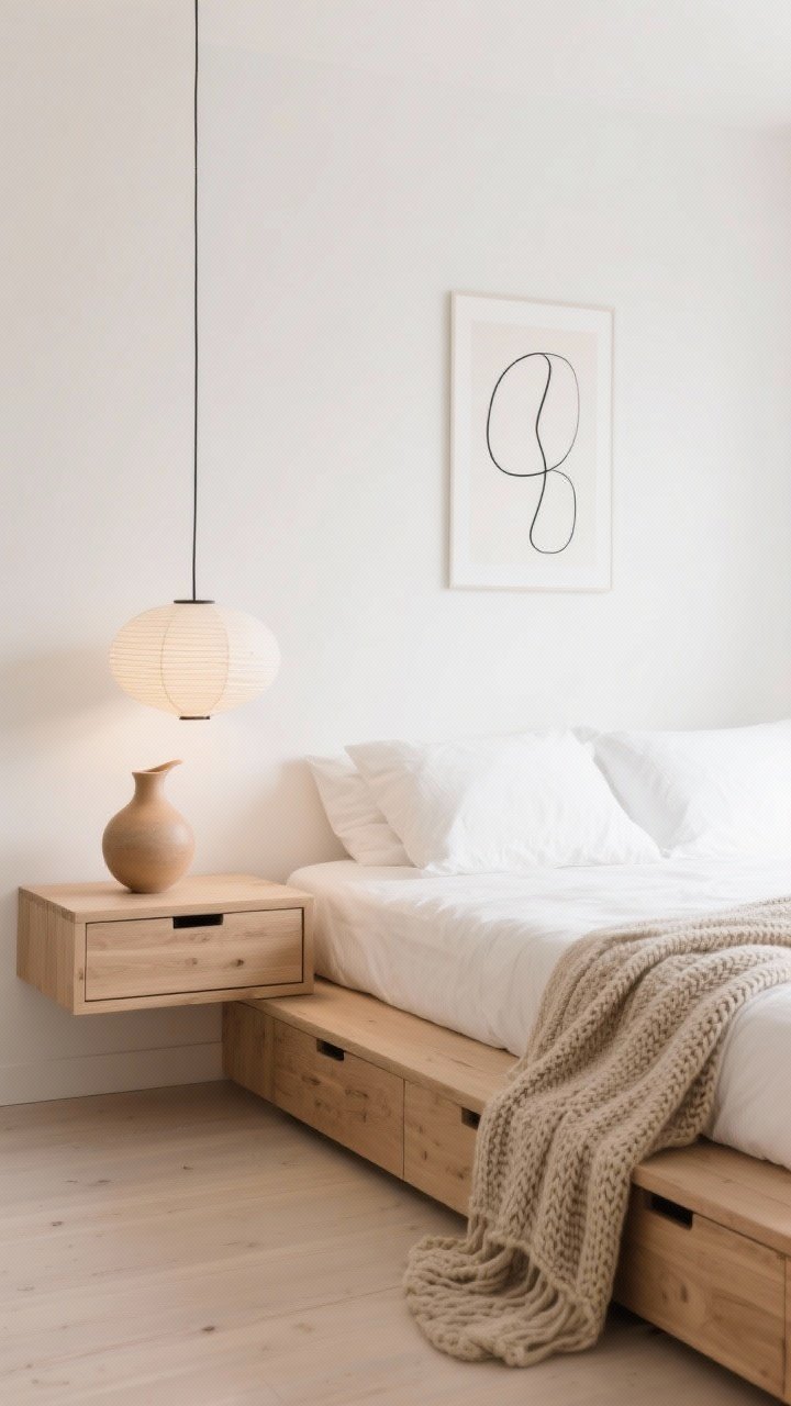 Wide shot: A Scandinavian minimalist bedroom in warm white, pale oak, and oatmeal tones, featuring a super low-profile platform bed with crisp white percale bedding, floating oak night shelf holding a curved handmade ceramic vase, a sculptural paper lantern pendant casting soft ambient light, a woven wool throw in oatmeal draped neatly at the foot, under-bed drawers subtly visible, and a single abstract black line drawing centered above the bed; airy, uncluttered, photorealistic.