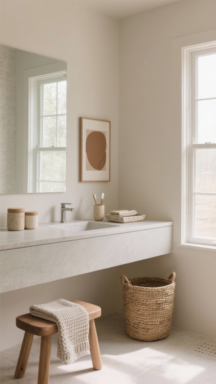 Wide shot: A serene minimalist bathroom with pale beige walls, a light greige floating vanity, and a frameless window washing soft natural daylight across matte surfaces; styling includes matte stone trays and canisters in sand, oat, and bone tones holding essentials, a travertine soap dish, a ceramic toothbrush cup, a folded linen hand towel; a low-profile oak stool with a folded waffle towel, a framed abstract print in warm taupe above the vanity, and an oversized woven natural-fiber hamper; calm spa mood, soft shadows, no clutter.
