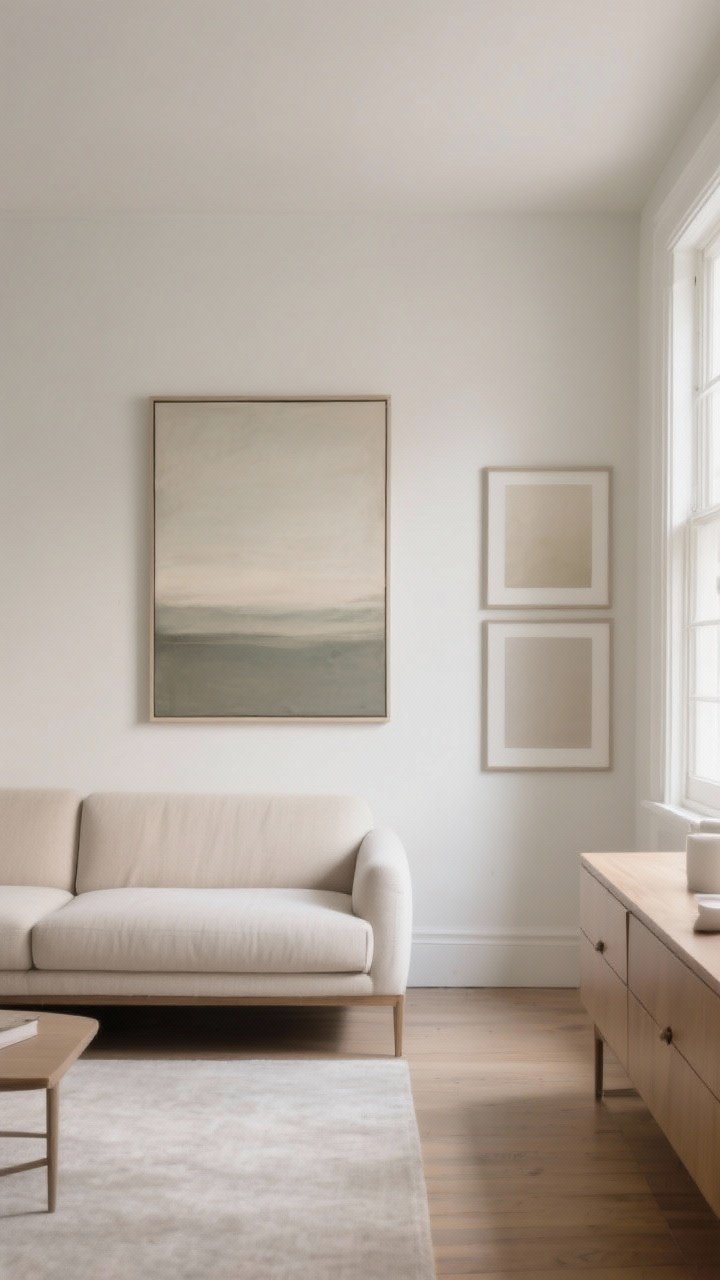 Wide shot: A small living room with a light neutral sofa; a single oversized canvas (60–75% of sofa width) in muted tones hangs centered above it with 6–8 inches of breathing room from the sofa top. Optionally, a clean diptych alternative over a low dresser on the adjacent wall, each panel narrow but together smaller than the dresser width. Soft natural daylight, calm and elevated mood; straight-on view to emphasize scale and proportion.